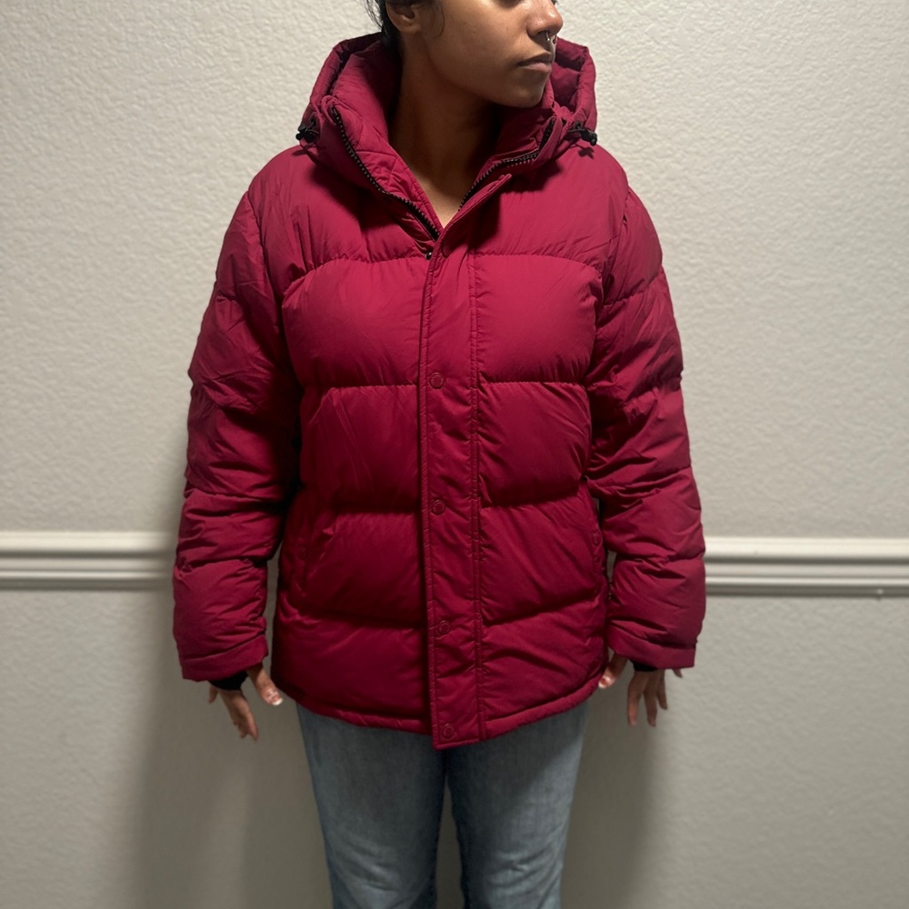 Aritzia Red Puffer Jacket with Hood and Quilted Design